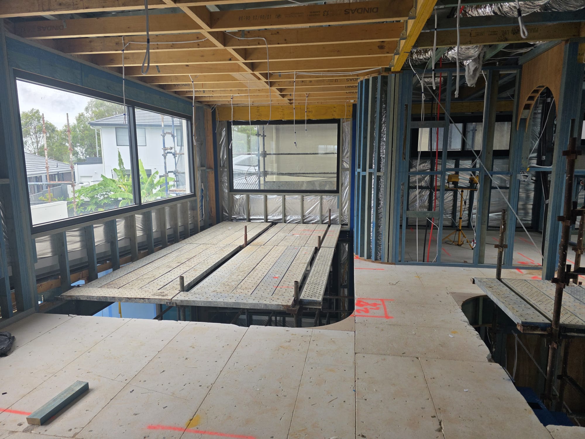 Upper floor framing with window openings, timber joists and void set out