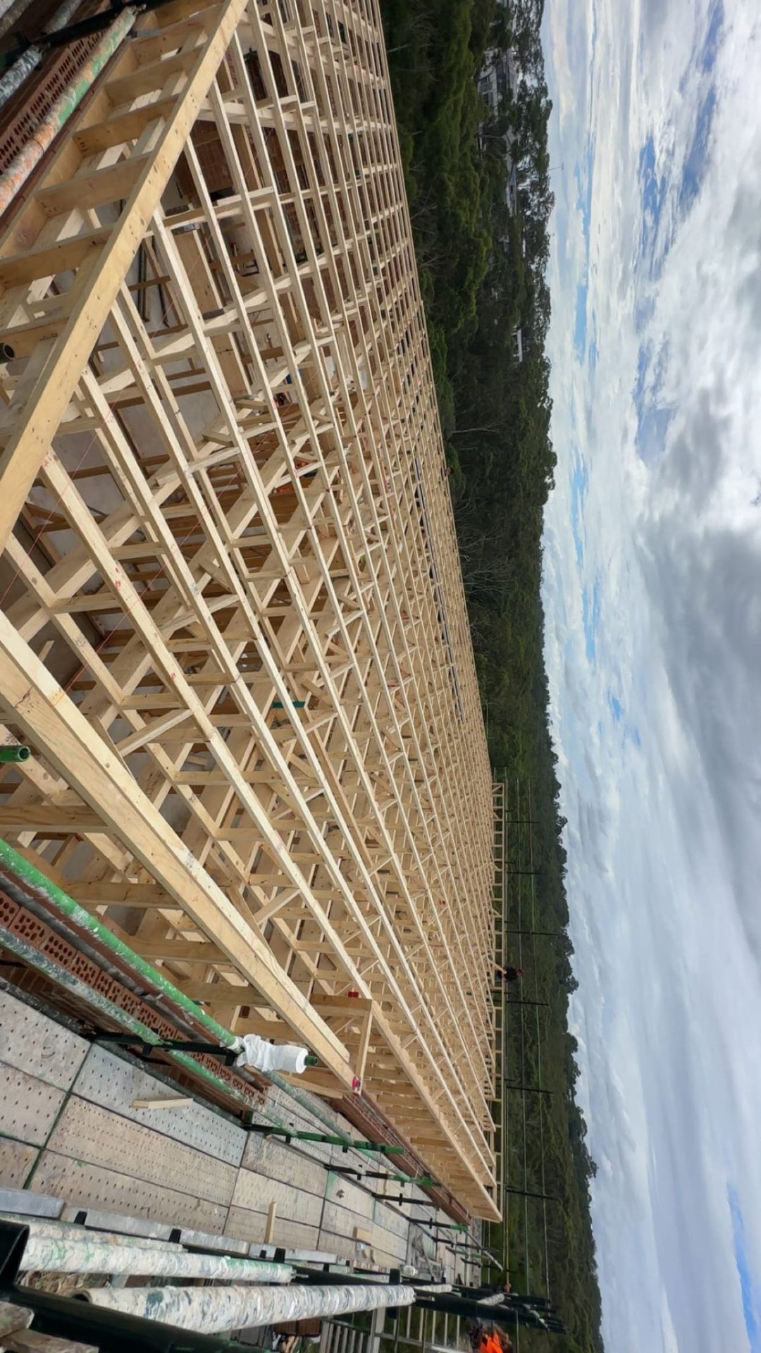 Long run of timber roof trusses installed across a residential build